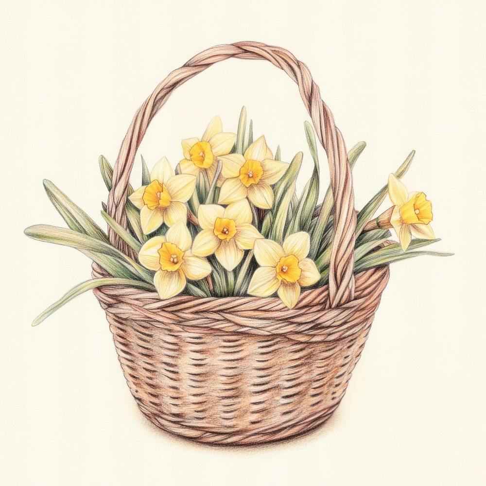 Easter basket daffodils flowers illustration.