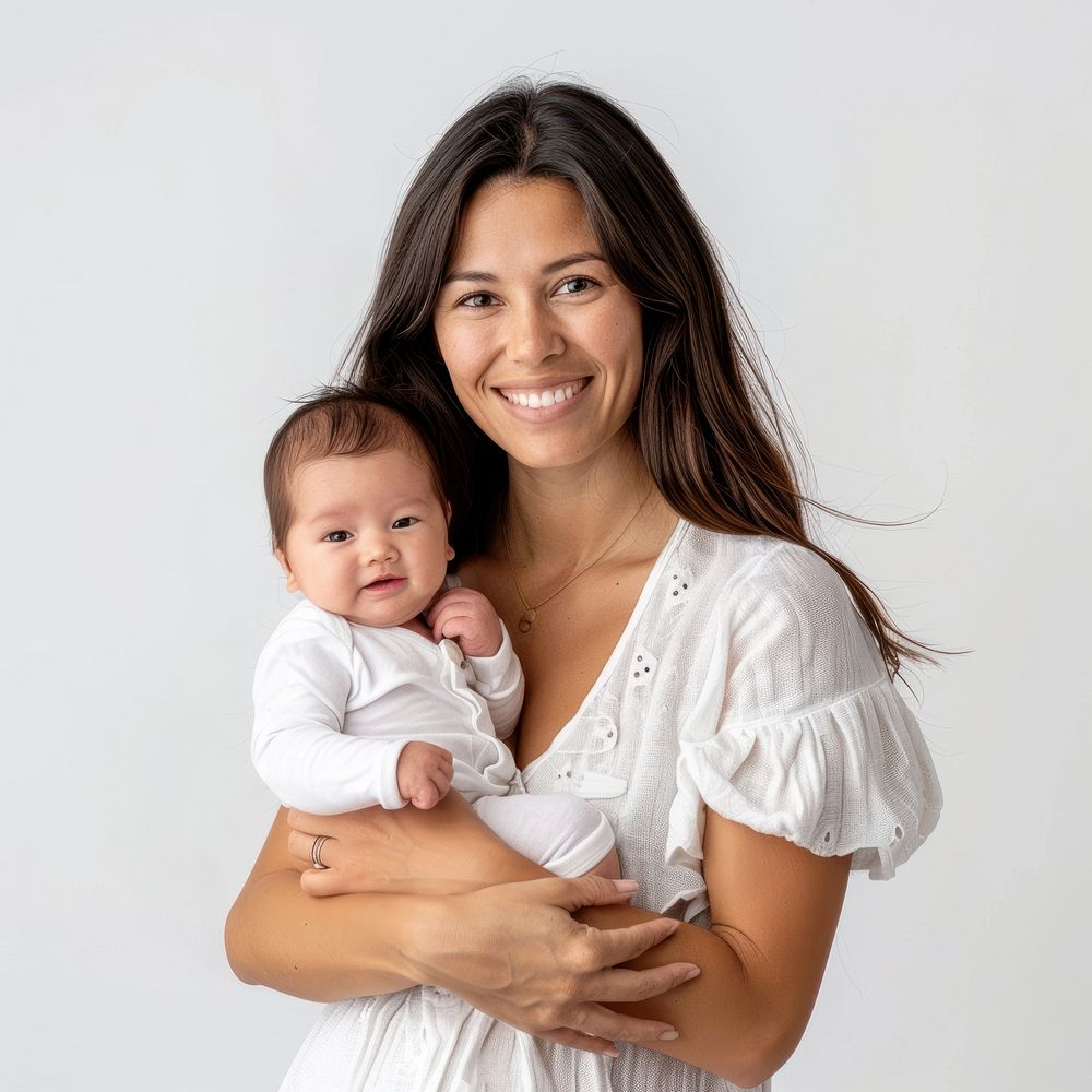 Women holding newborn baby happy smile portrait.