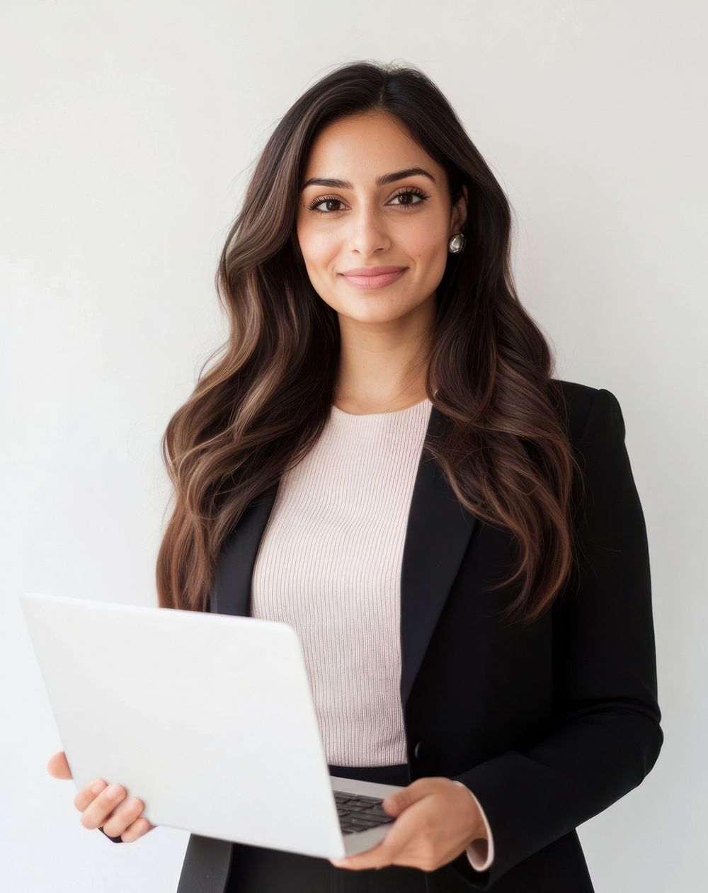 Portrait of happy business woman in her 30s laptop professional female.