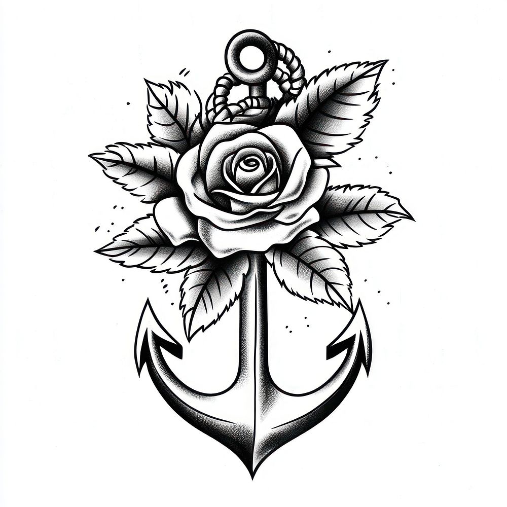 Anchor and rope and rose art illustration tattoo.