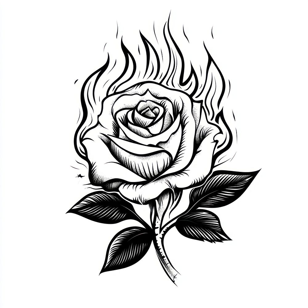 Rose burning with fire tattoo art illustration.