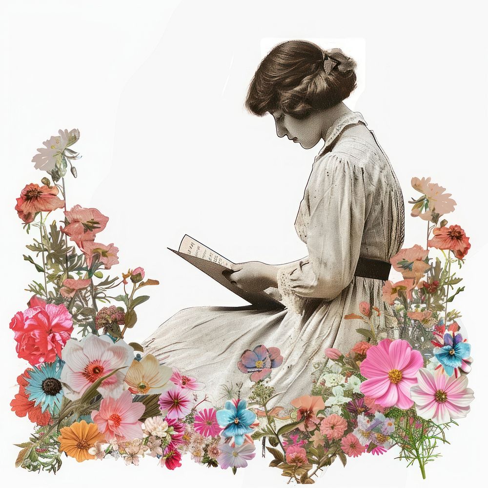 Woman reading a letter flowers vintage style.