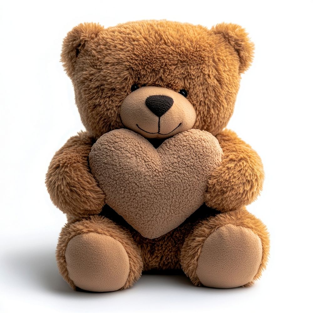 A brown teddy bear hugging a heart toy adorable present.