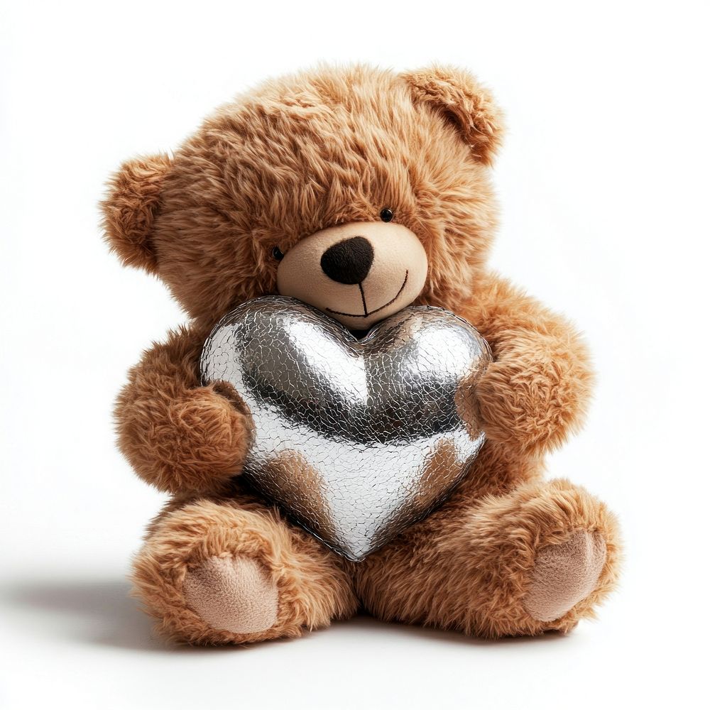 A brown teddy bear hugging a shiny bright silver heart toy adorable present.