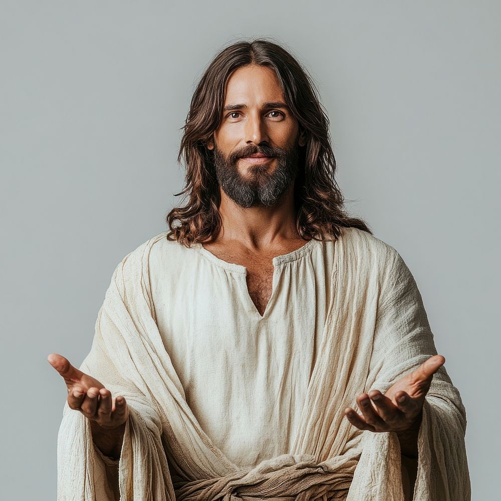 A portrait of Jesus Christ with open arms background photo hair.