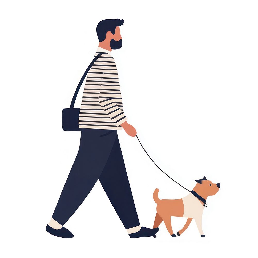 Man walking with dog illustration leash shirt.