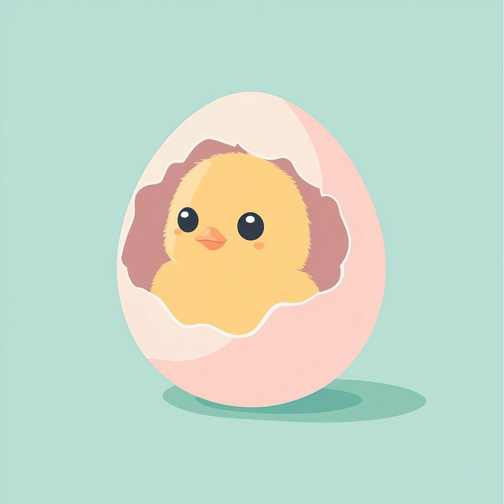 Cracked egg with a chick peeking out illustration yellow colors.