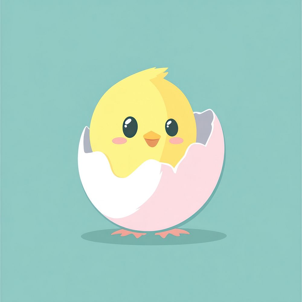 Cracked egg with a chick peeking out illustration yellow colors.