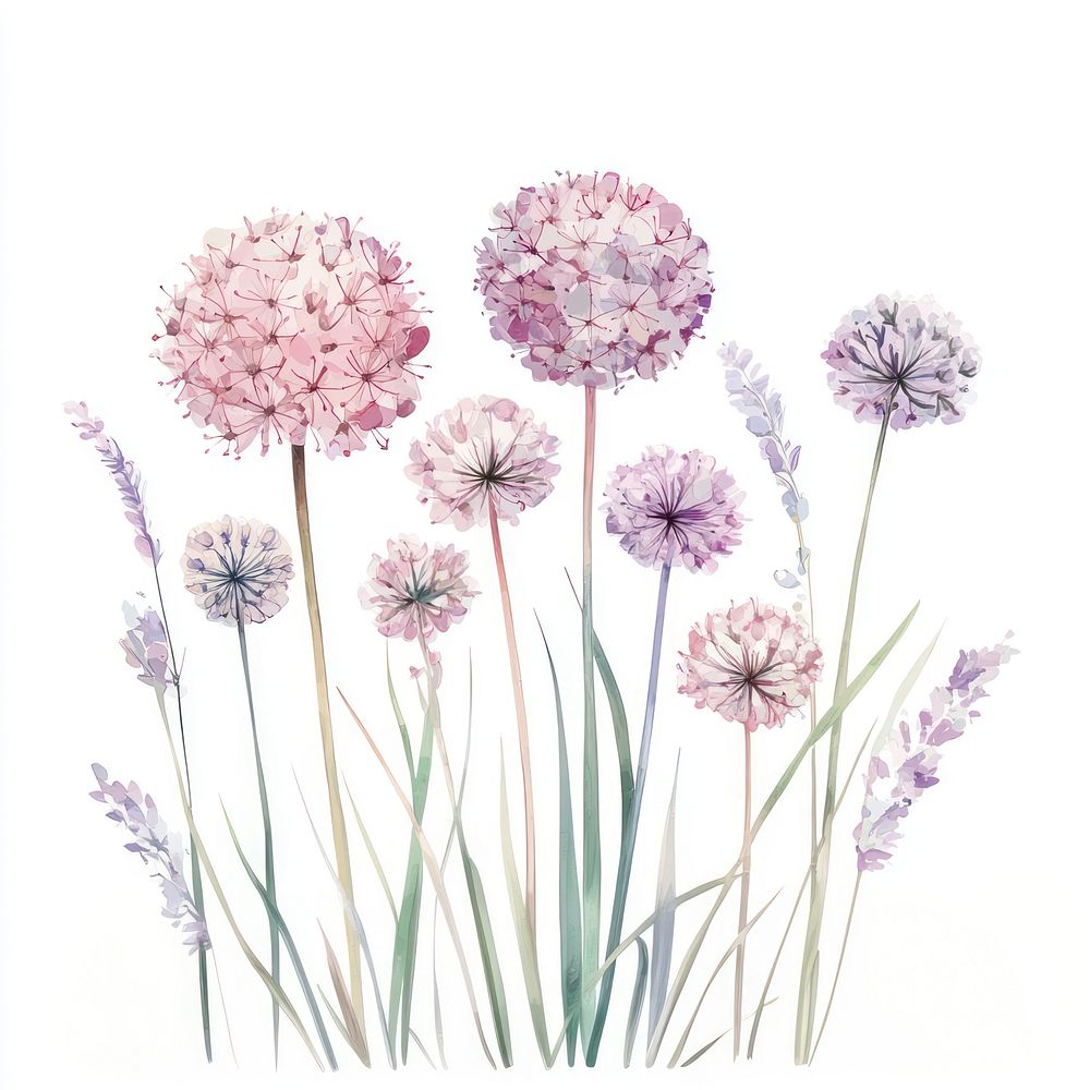 Aesthetic spring Allium flower flowers illustration watercolor.