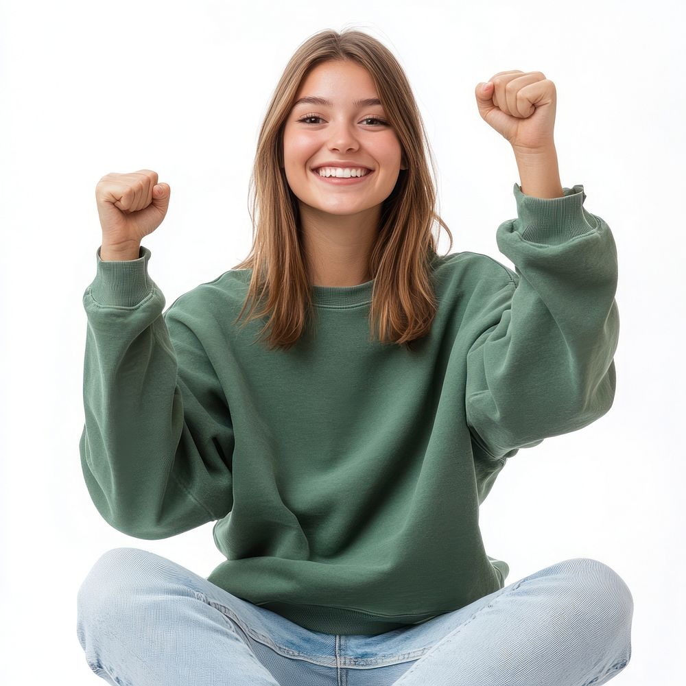 Young woman sweatshirt sweater sitting.