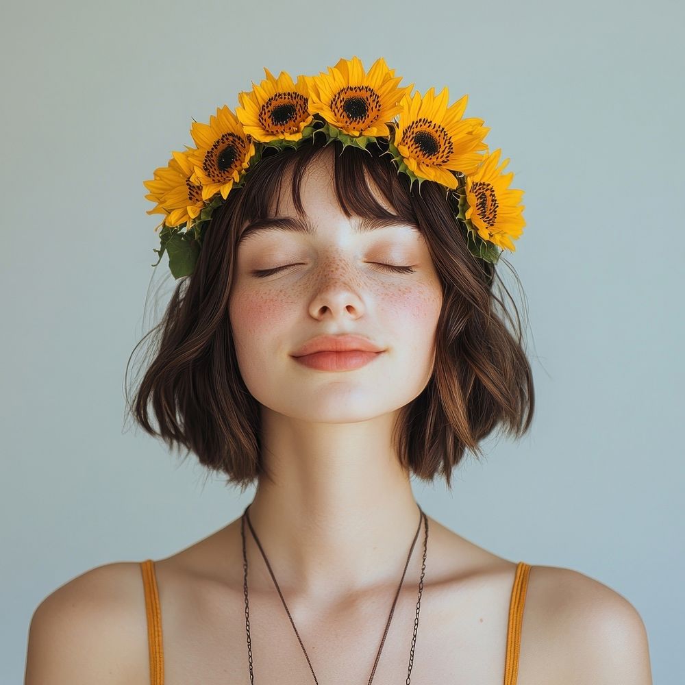 Young caucasian woman sunflower portrait peaceful.