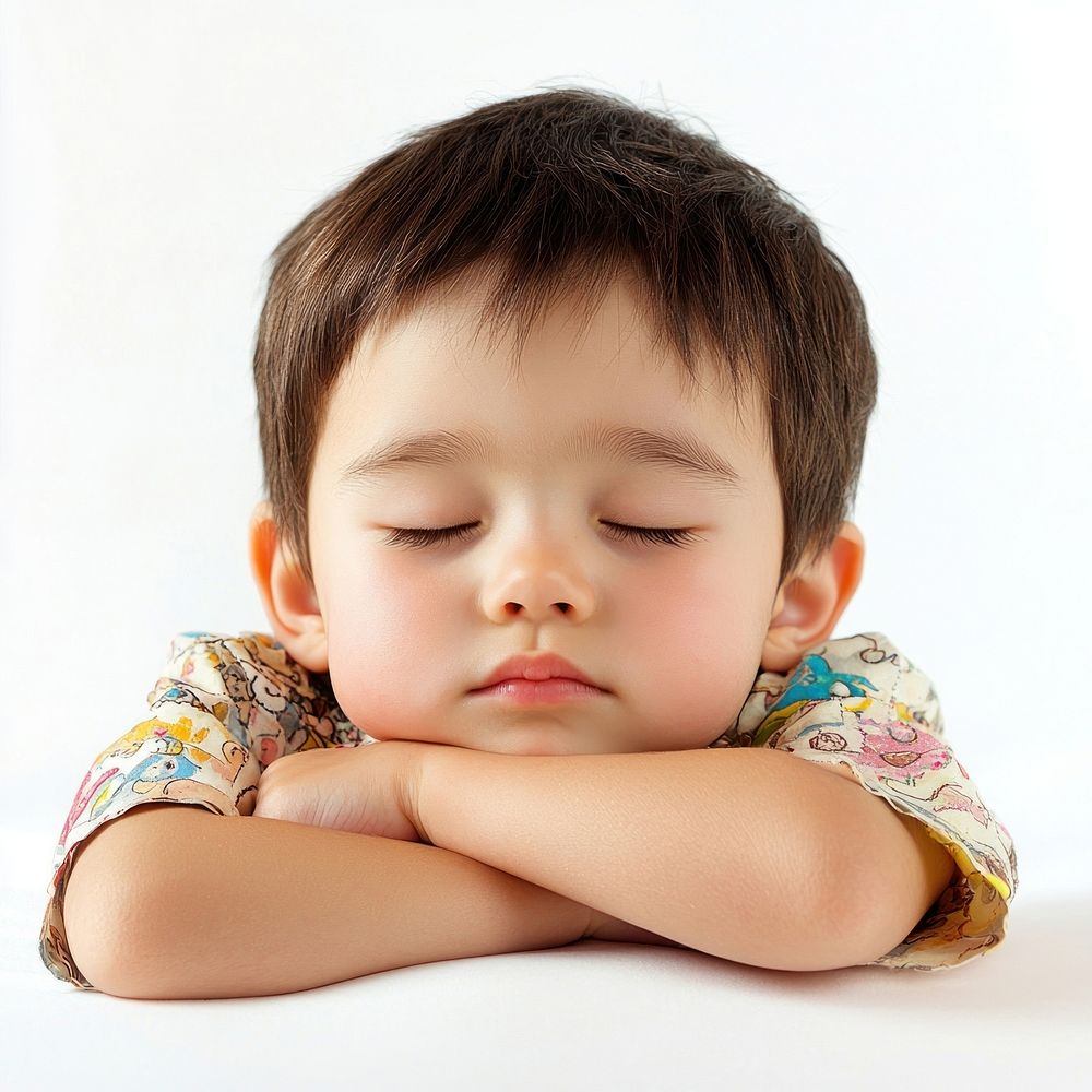 Sleepy east asian boy toddler portrait photo face.