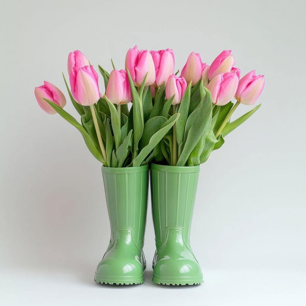 Spring tulips flowers boots green.