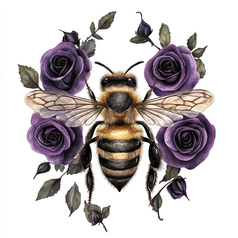 Illustration of bee roses purple art.