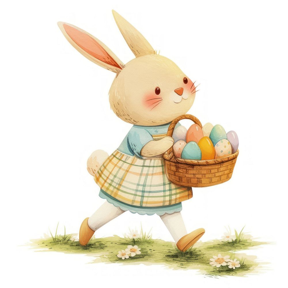 Cute Bunny with a basket bunny eggs illustration.