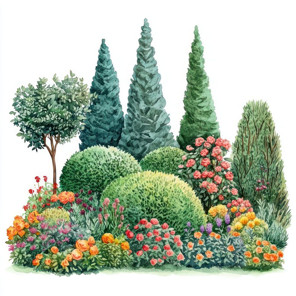 Garden trees illustration colorful.