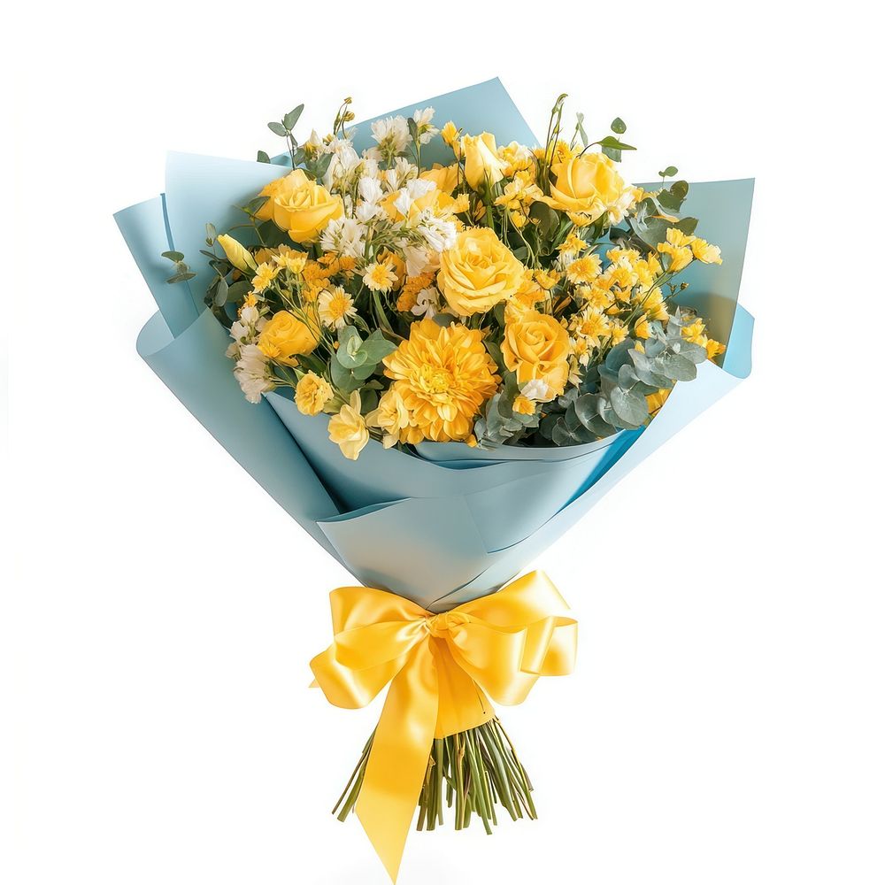 A beautiful bouquet of yellow pastel flowers ribbon roses blue.