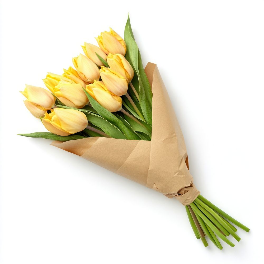 A bouquet of yellow tulips wrapped in kraft paper flower arrangement decorative.