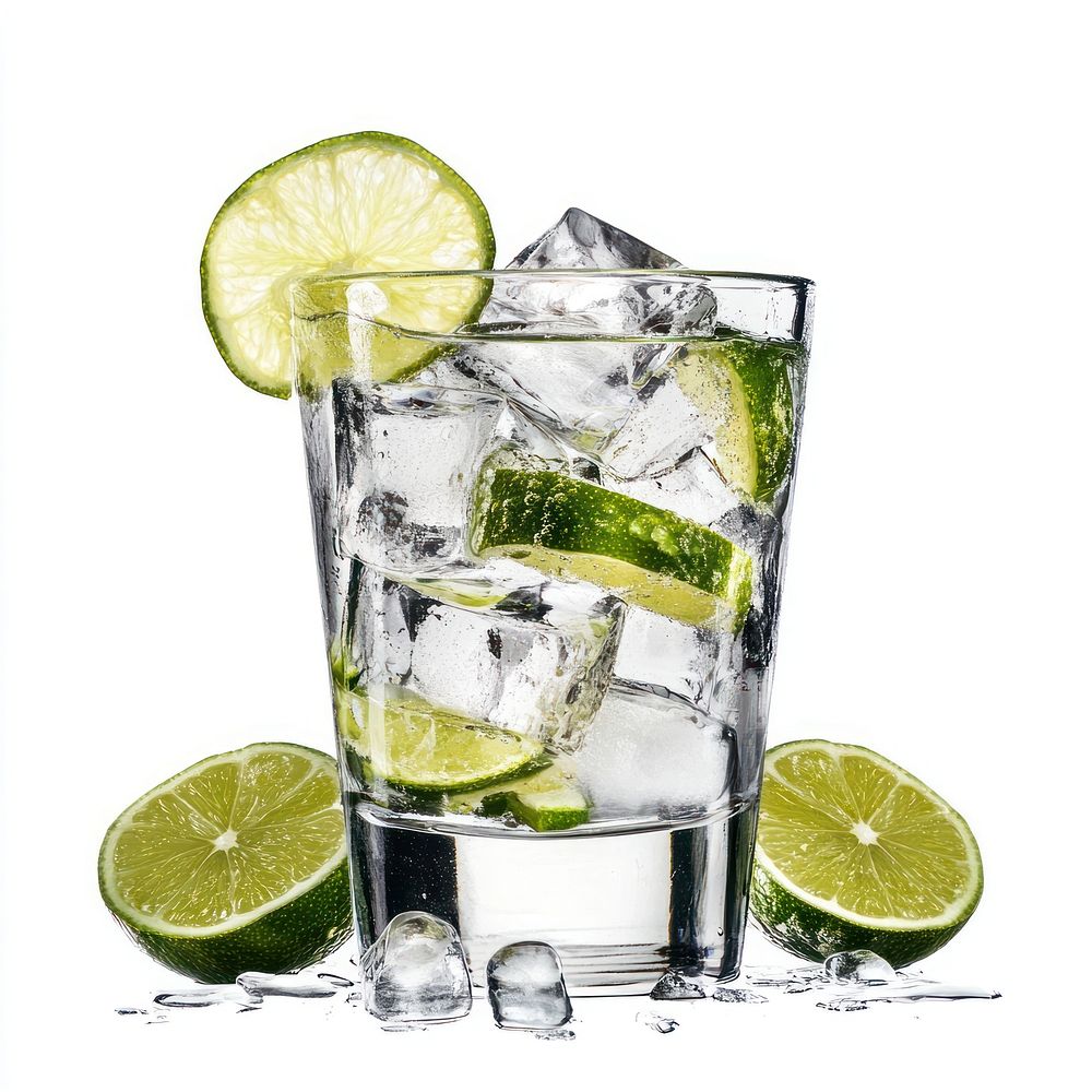 Gin and Tonic cocktail with lime and ice beverage drink glass.