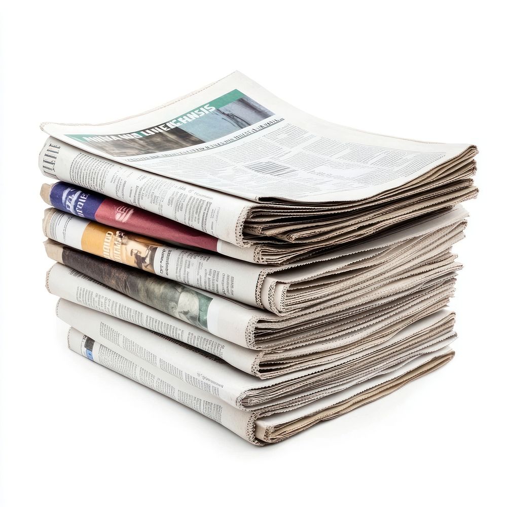 Real stack newspaper background white publications.