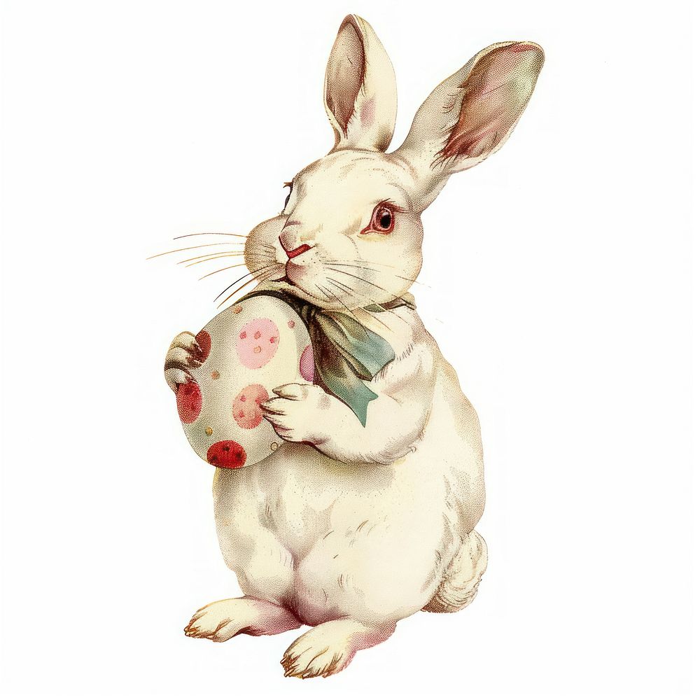 White rabbit holding egg illustration vintage easter.