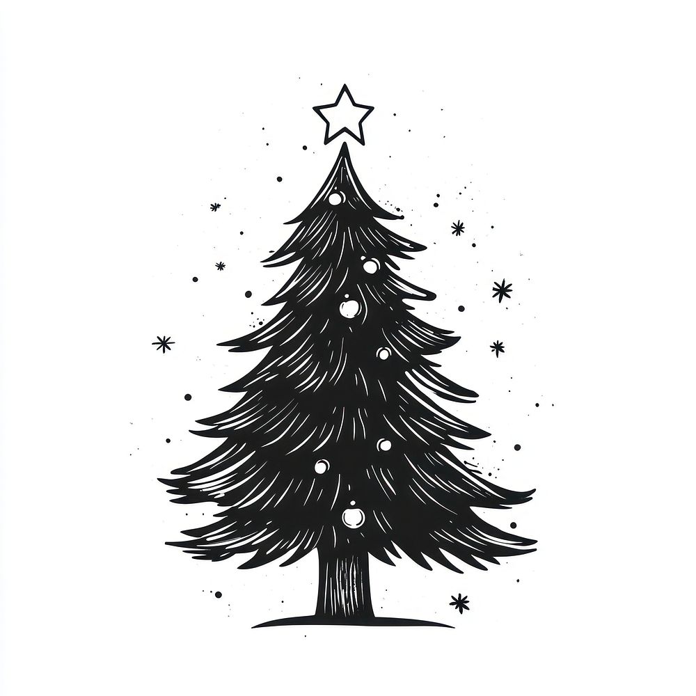 Christmas tree illustration hand-drawn vintage.