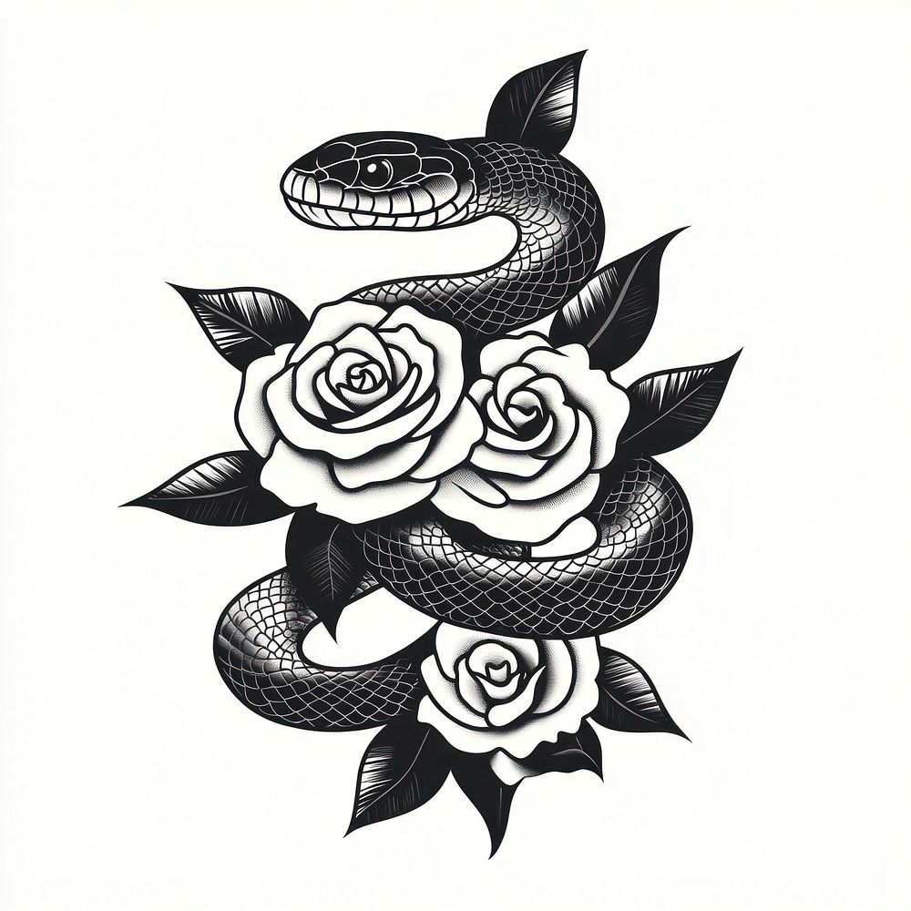 Snake and roses art illustration tattoo.