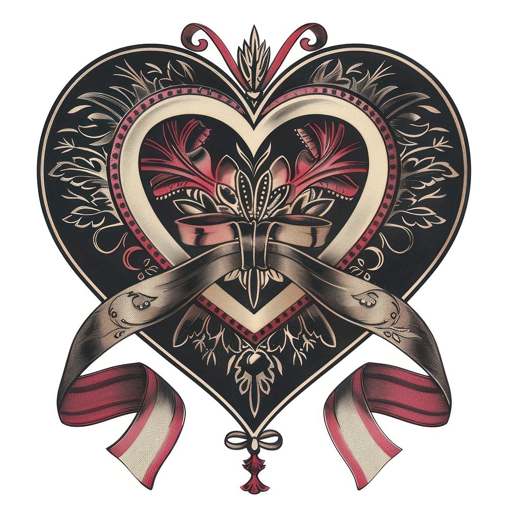 Gothic wedding heart illustration vintage ribbon.