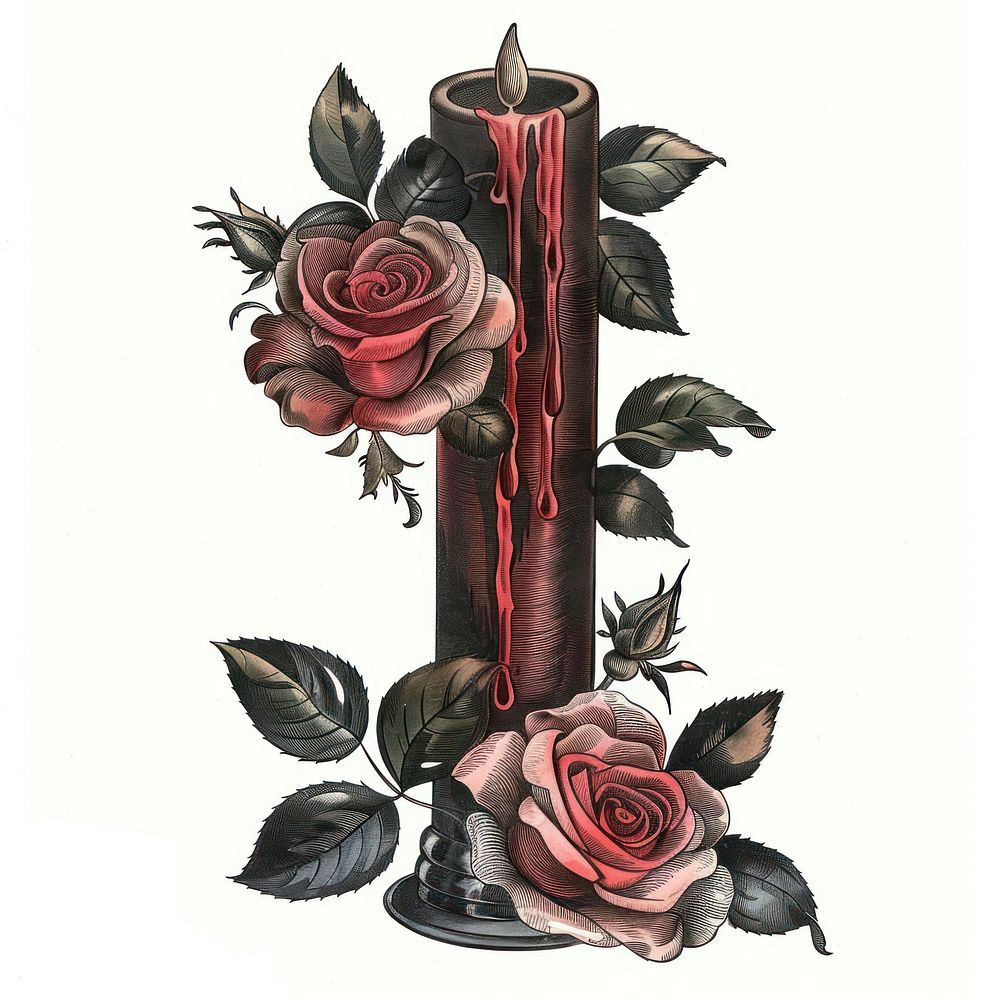 Gothic wedding candle roses illustration vintage.