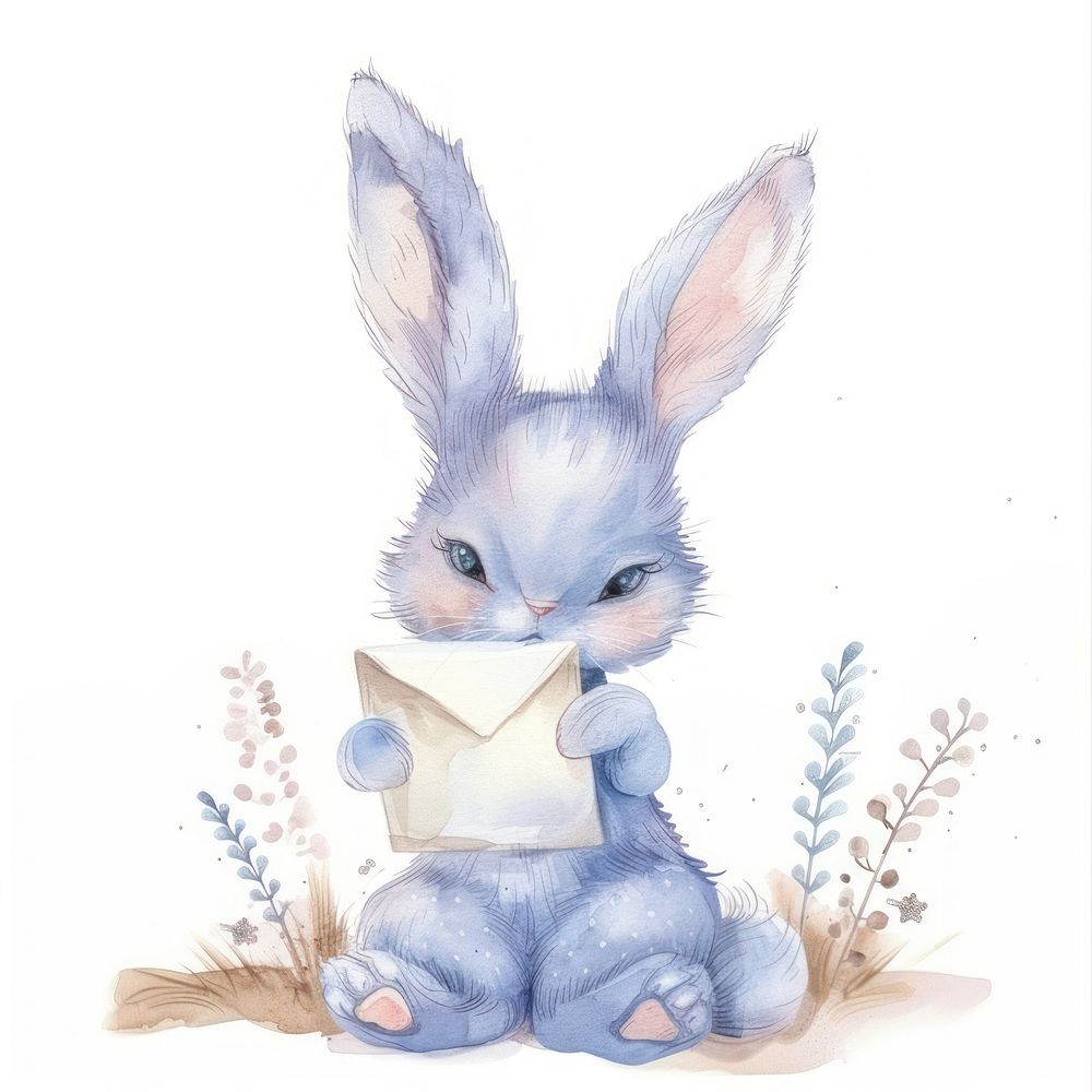 Bunny sitting to a letter watercolor animal pastel.