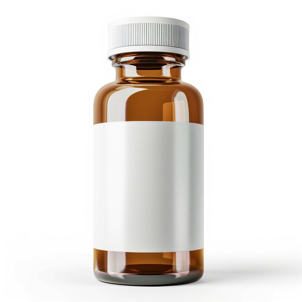 Drug bottle brown white label.