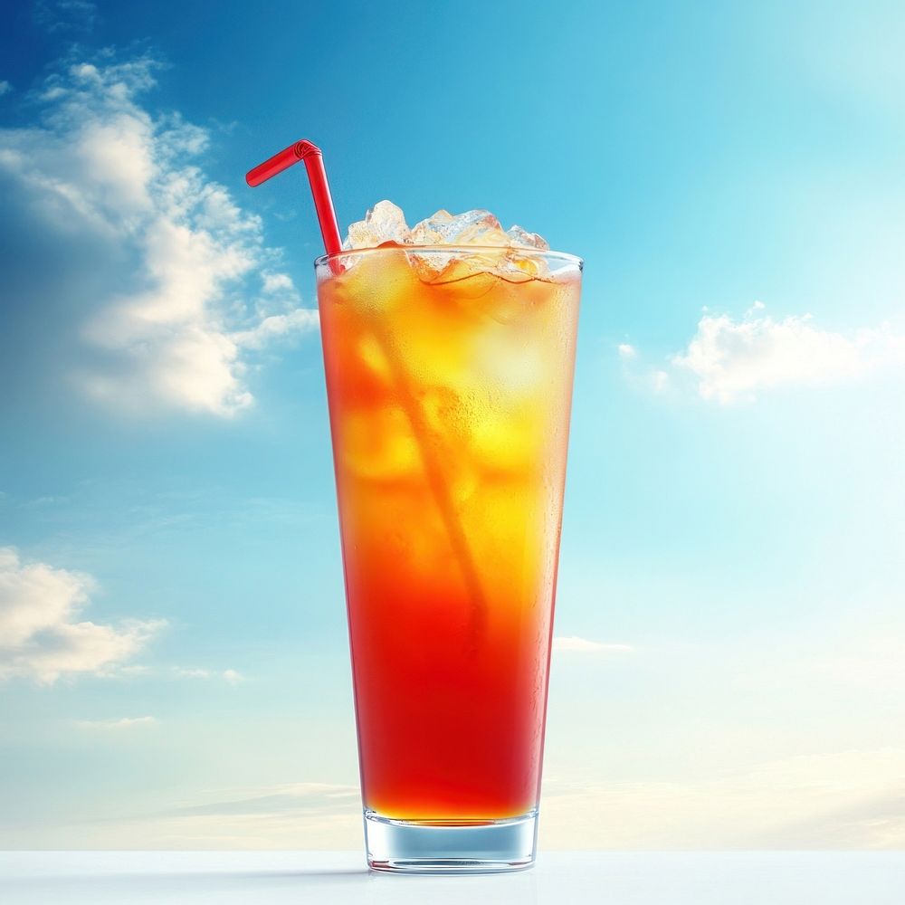 A red and yellow symbol sign standy drink beverage sky.