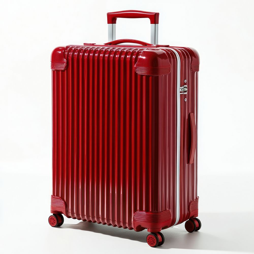 Red travel suitcase luggage furniture accessory.