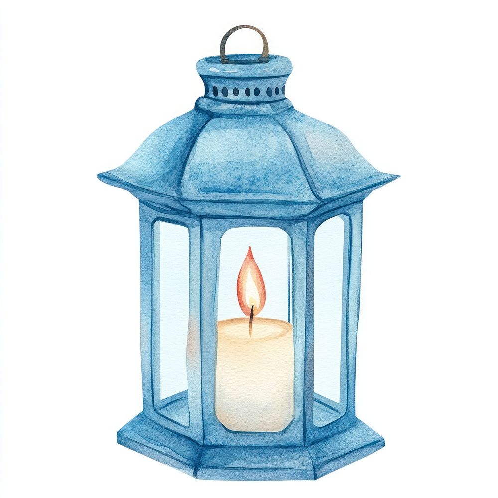 Christmas candle vintage lantern watercolor light blue.