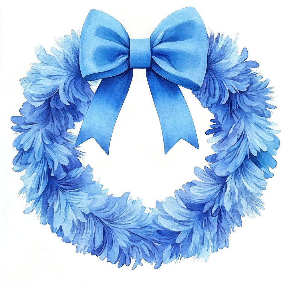 Blue Christmas fluffy wreath watercolor bow illustration.