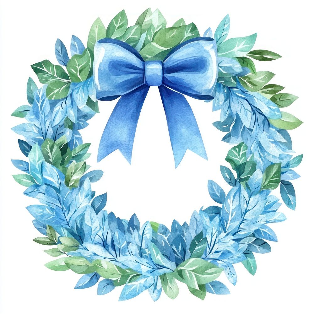 Blue Christmas fluffy wreath watercolor green leaf.