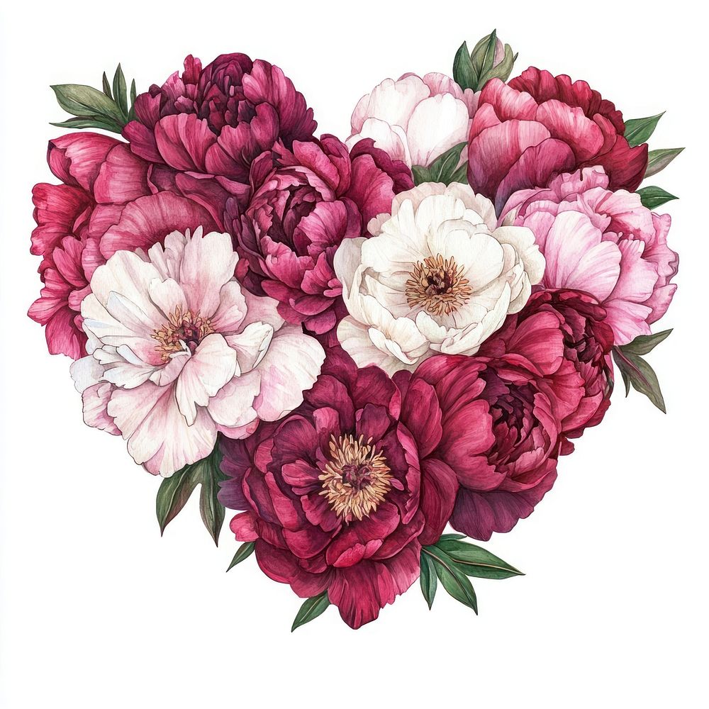 A heart-shaped arrangement of red and pink and white peonies flowers illustration watercolor.