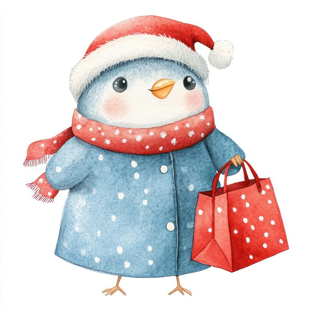 Watercolor cute bird character bag illustration christmas.