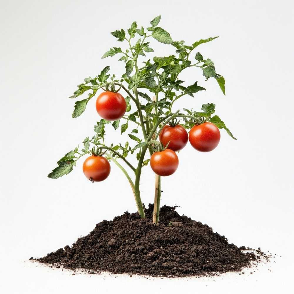 Tomato plant with tomatoes growing in dirt produce soil food.