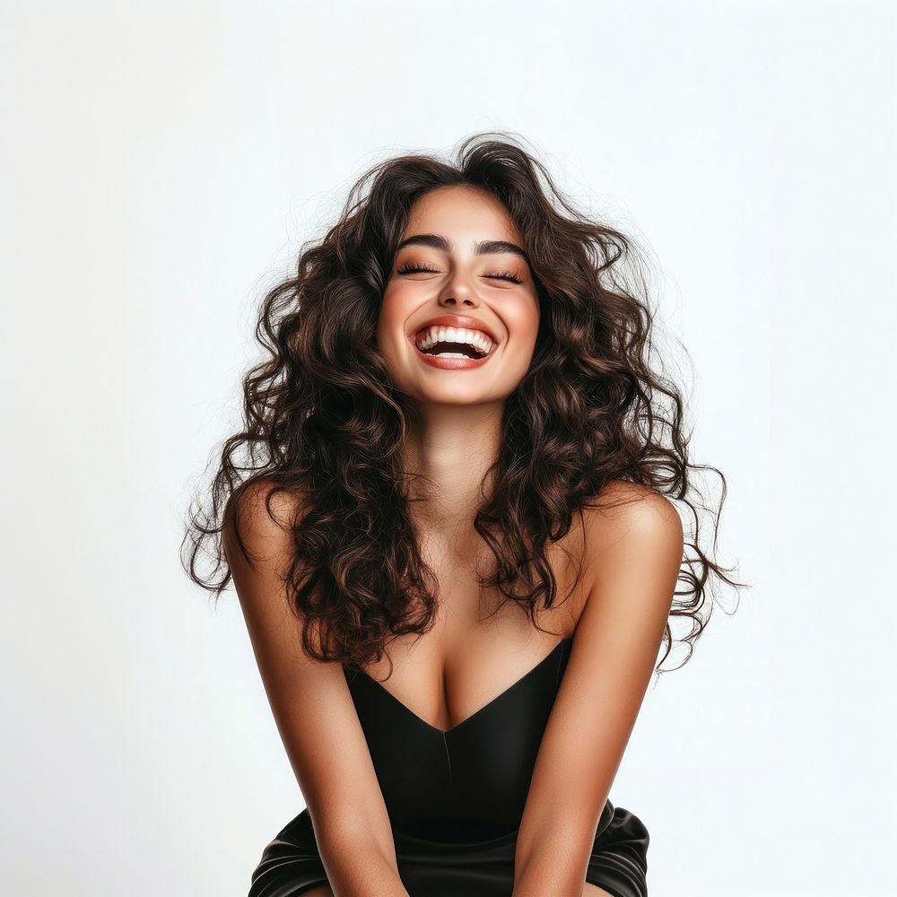 Smiling woman with long curly hair background laughing portrait.