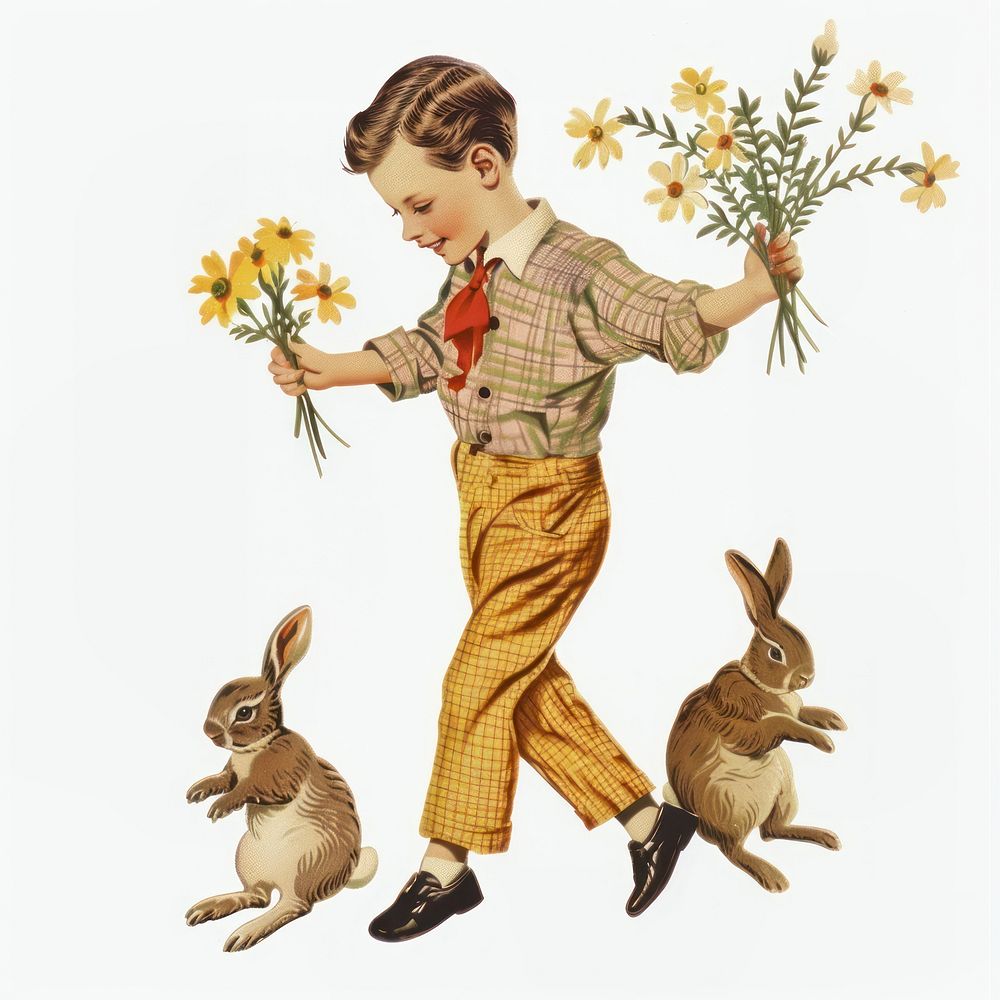 Boy vintage illustration rabbits boy flowers.