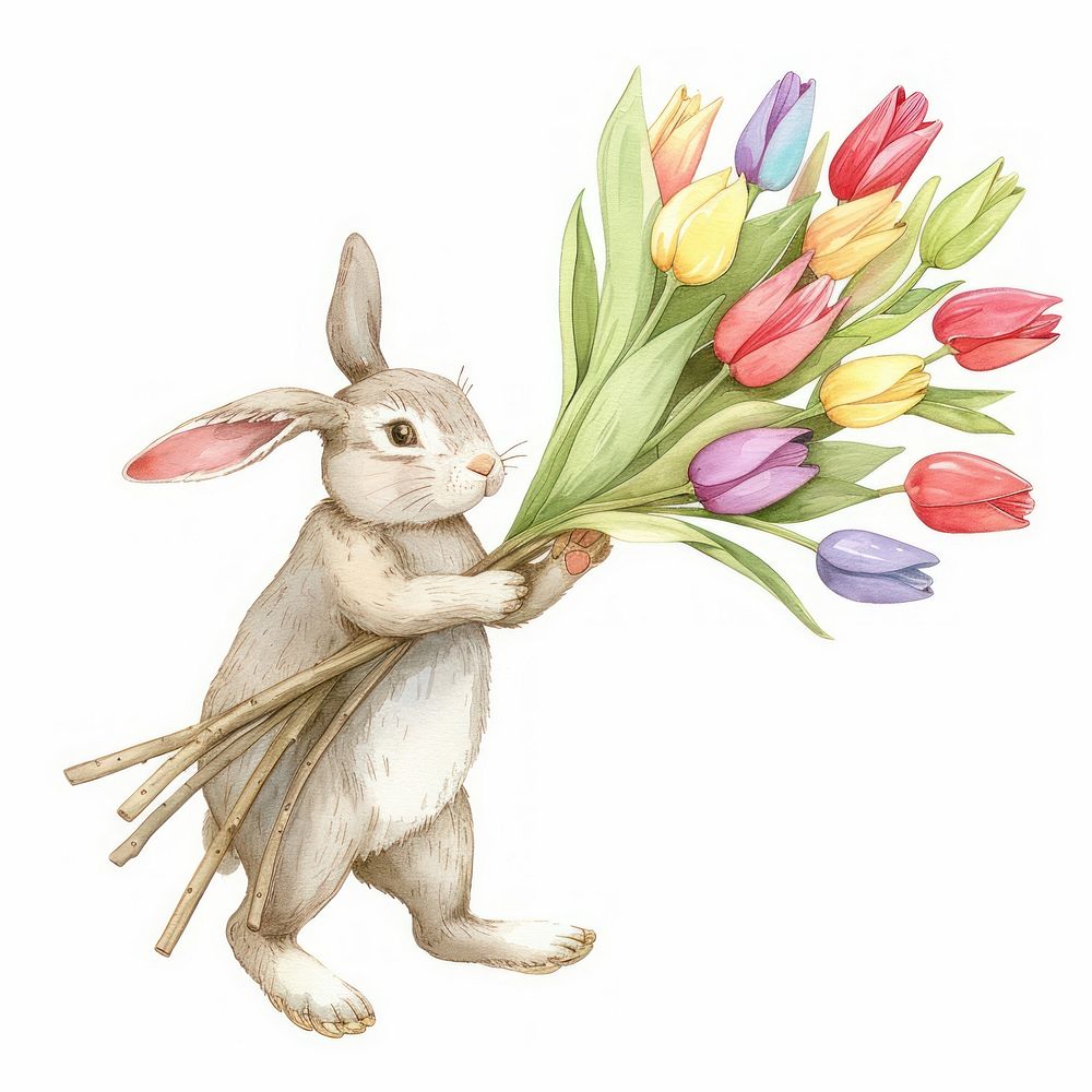 Cute rabbit flowers illustration colorful.