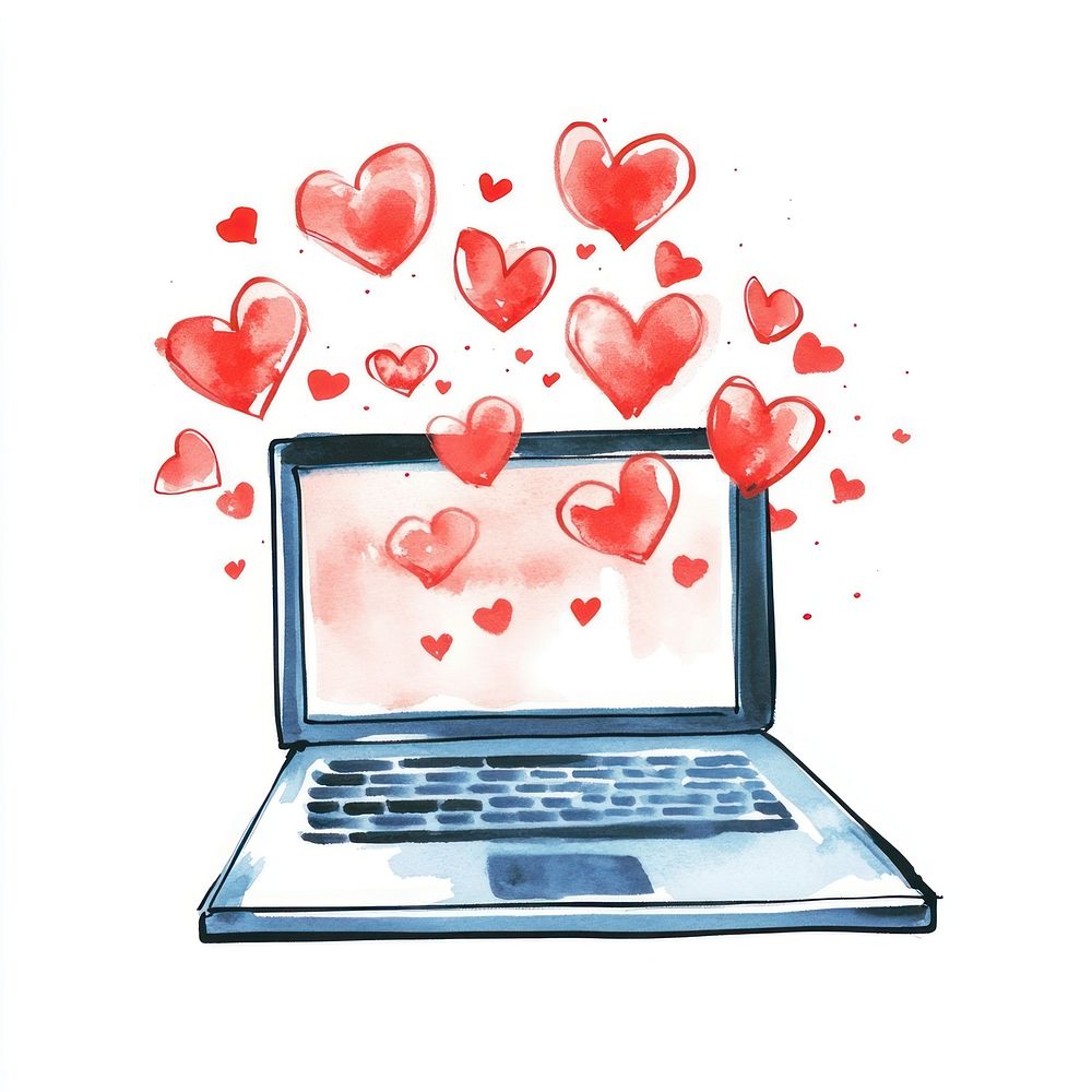 Laptop watercolor hearts illustration.