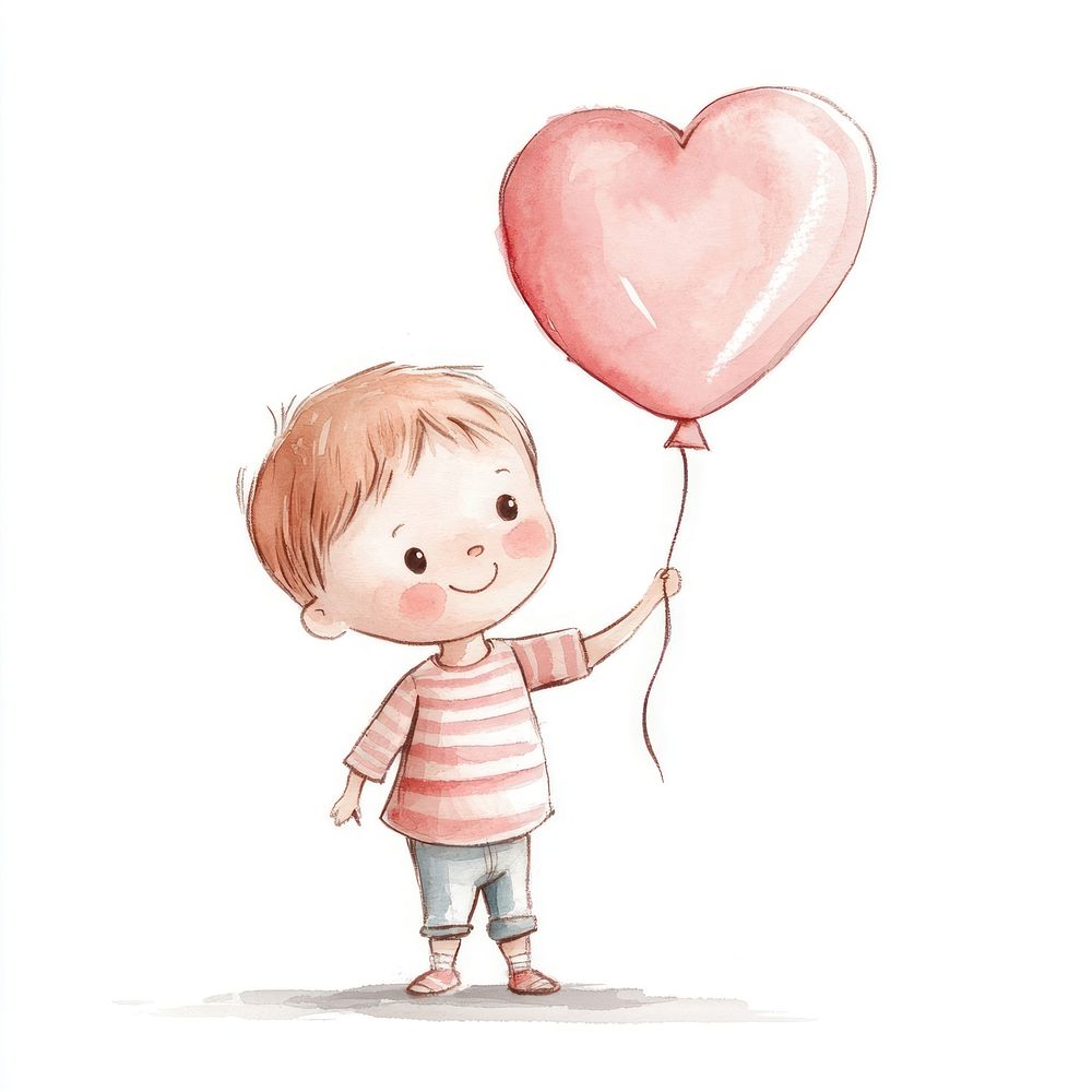 A cute baby boy in pink holding heart-shaped balloon watercolor illustration playful.