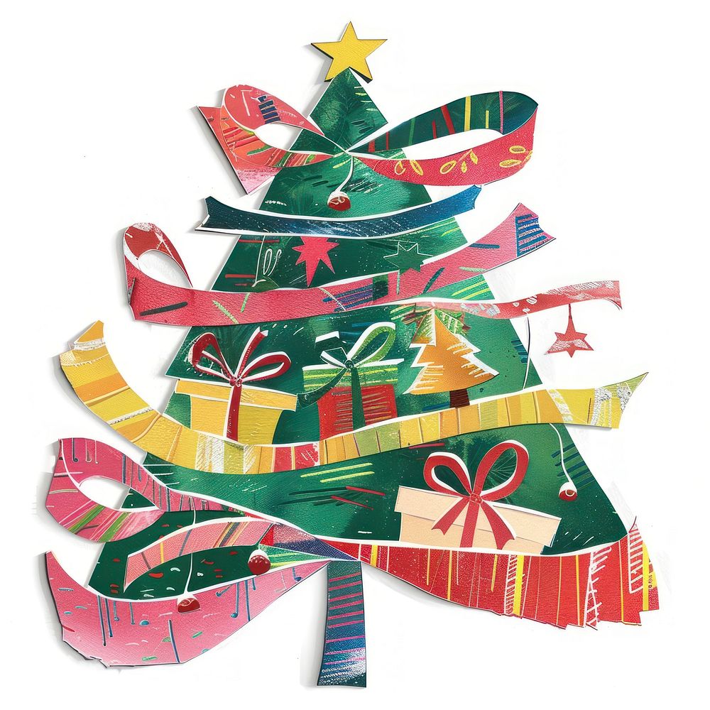 Christmas tree decorated with ribbons and gifts paper cut christmas colorful christmas tree.