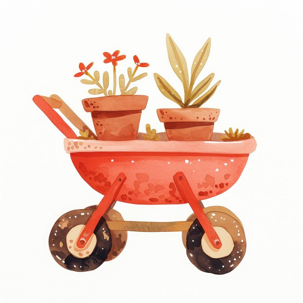 A red wheelbarrow with flower pots illustration watercolor plants.