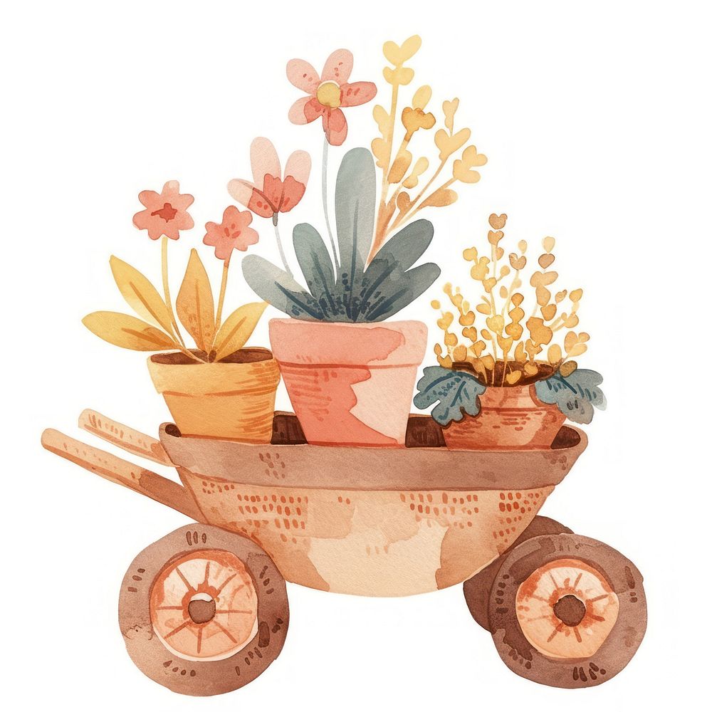 A wheelbarrow with flower pots art illustration watercolor.