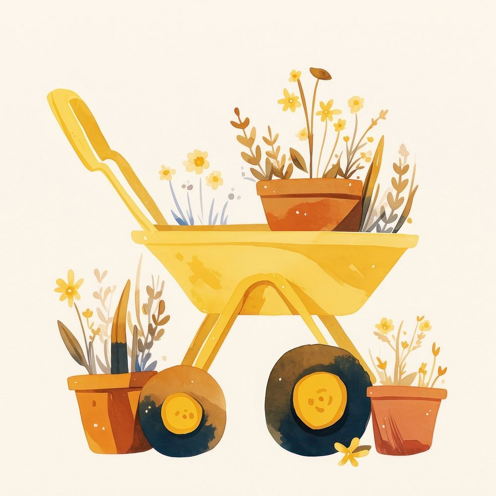 A yellow wheelbarrow with flower pots illustration flowers plants.