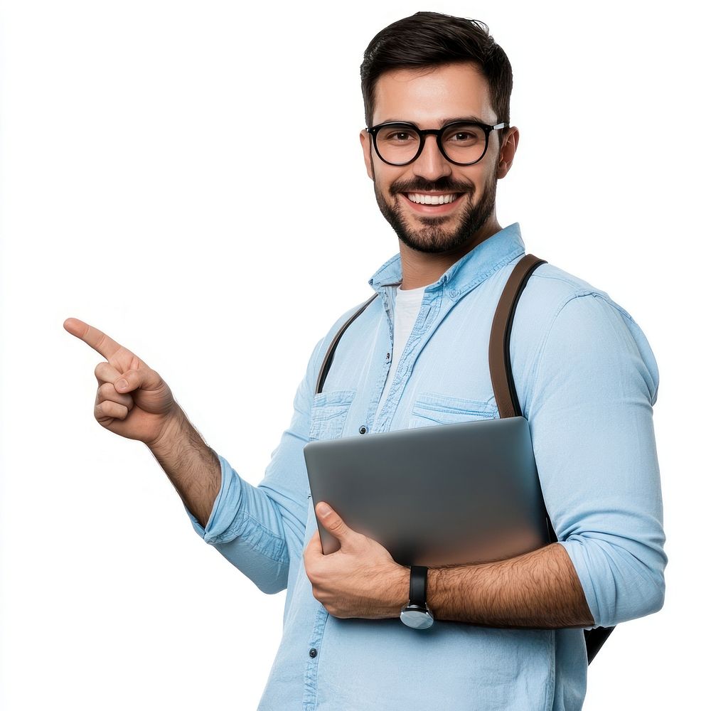 Man in a light blue shirt with a laptop professional pointing glasses.