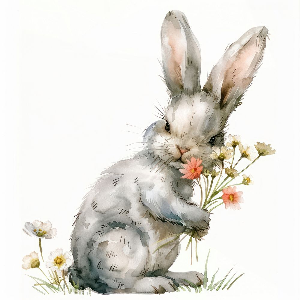 Bunny sitting to holding spring flowers watercolor animal rabbit.